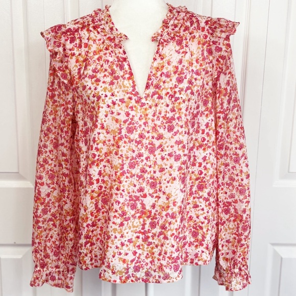 J. Crew Pink Floral Dainty Ruffle V-Neck Long Sleeve Blouse Medium - Picture 1 of 16